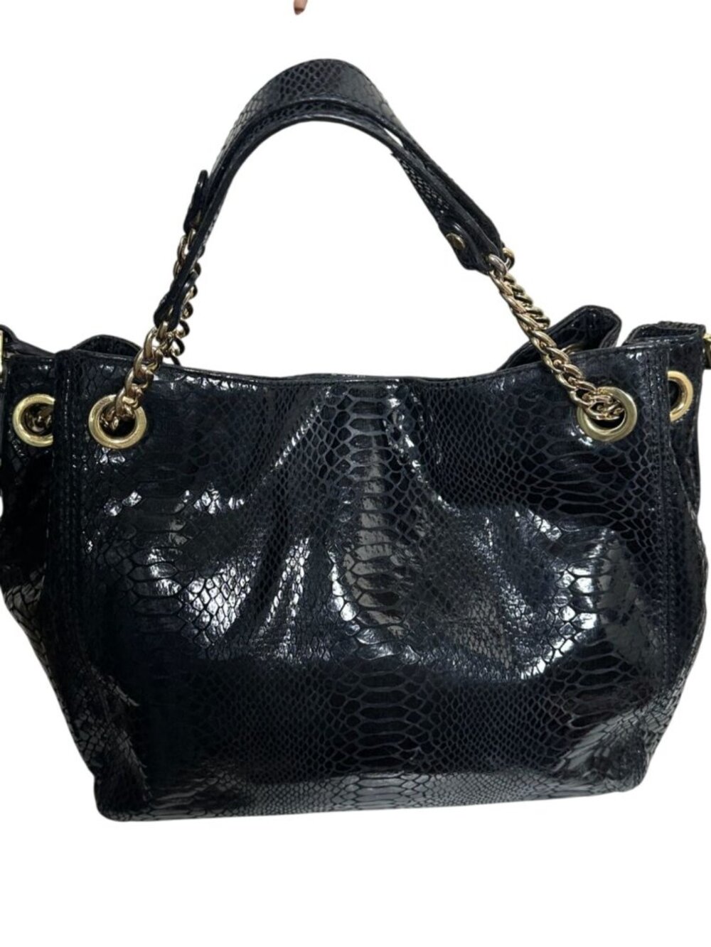Michael Kors Black Glossy Python Embossed Leather Shoulder Bag Gold Chain Hobo P - Picture 2 of 14
